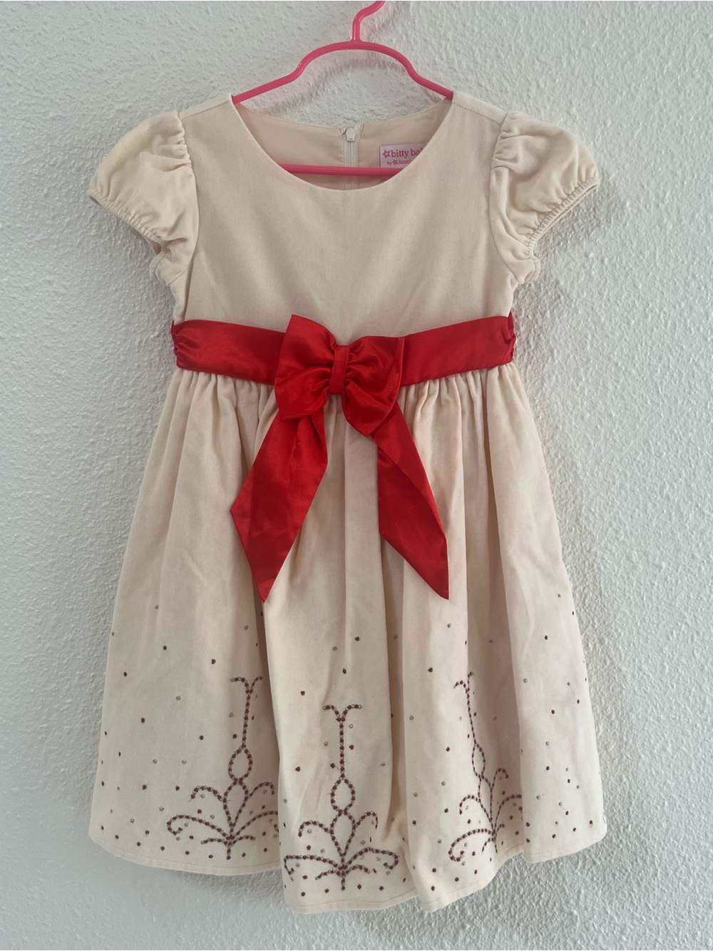 American Girl Bitty Baby Child Sized Dress Cream Party Dress with Red Bow Sash